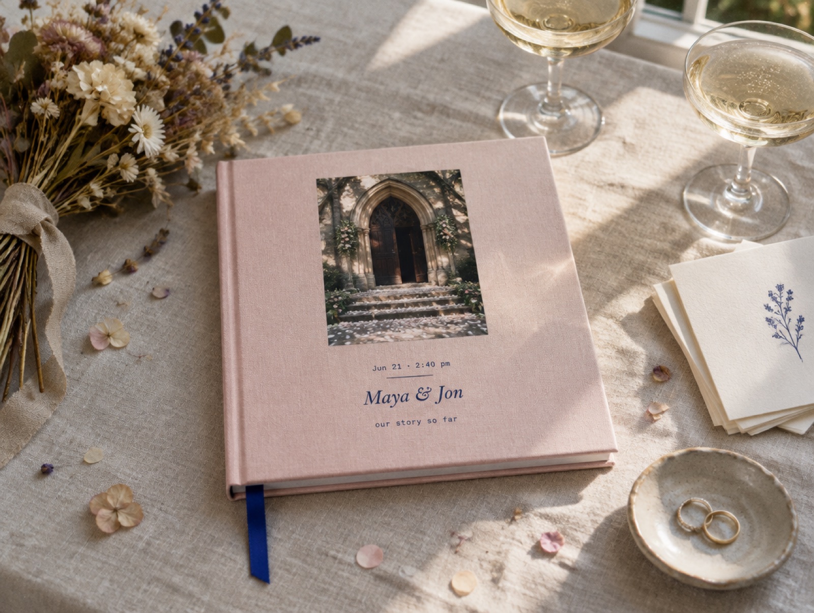 A blush hardcover with the names Maya and Jon among wedding leftovers